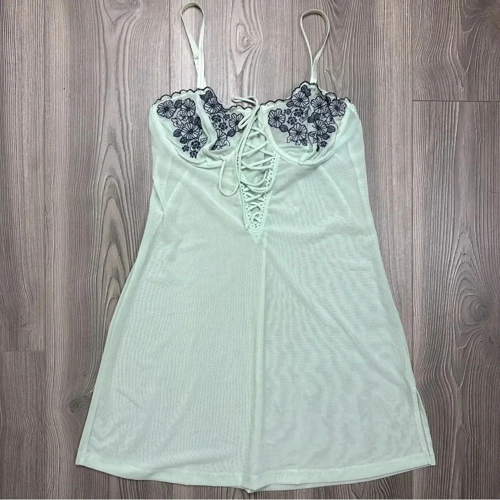Bisou‎ Bisou Intimates Mint Sheer Slip Dress with Navy Embroidery